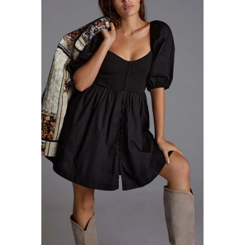 Maeve Anthropologie Puff-Sleeved Sweetheart Mini Dress Black XS